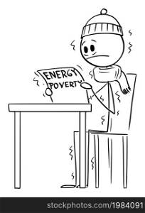 Person reading about energy poverty and suffering from cold or chilly weather, vector cartoon stick figure or character illustration.. Energy Poverty and Cold or Chilly Weather, Vector Cartoon Stick Figure Illustration