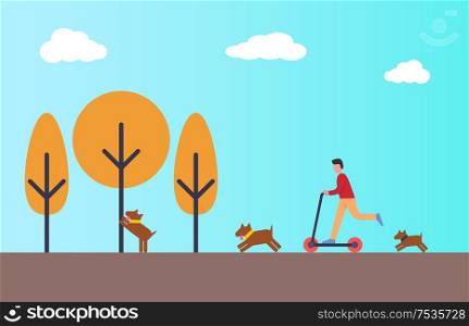 Person riding scooter in autumn park. Dogs playing outside with master. Boy having fun in city park with pet. Yellow trees and blue sky, vector flat style. Person Riding Scooter in Autumn Park. Dogs Playing