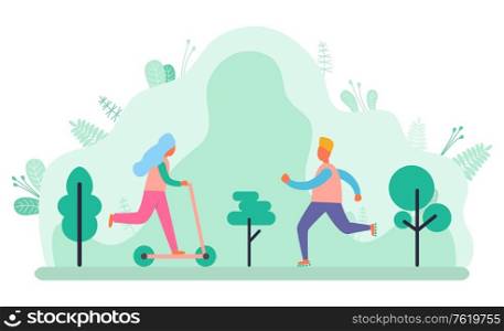 Person riding scooter vector, man and woman in park. Nature with trees and foliage, sportive person in forest, jogging and running workout flat style. Running Man in Park, Jogging and Riding Scooter