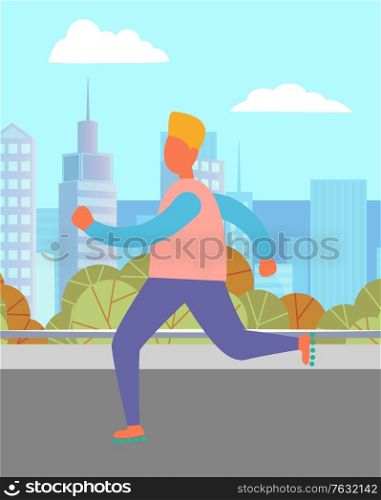 Person rollerblading in city, man or woman character rollerskating near skyscrapers. Children activity on street, urban leisure, kid skating outdoor. Vector illustration in flat cartoon style. Child Rollerblading near Building, Activity Vector