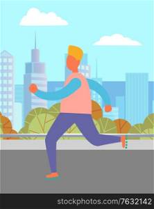 Person rollerblading in city, man or woman character rollerskating near skyscrapers. Children activity on street, urban leisure, kid skating outdoor. Vector illustration in flat cartoon style. Child Rollerblading near Building, Activity Vector