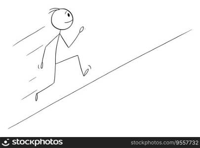 Person running up hill or up to hill, vector cartoon stick figure or character illustration.. Person Running Uphill, Vector Cartoon Stick Figure Illustration