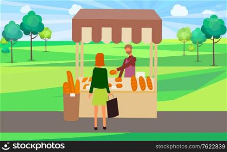 Person selling buns and freshly baked bread vector, summer fair in park. Seller and customer, woman at market with bag shopping at store purchase. Bakers Store in Summer Fair, Bread and Buns Sell