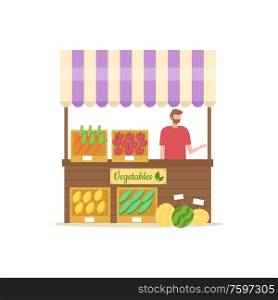 Person selling fresh and ripe veggies vector, summer market with tent and vegetables in containers, watermelon and carrots, apples and cucumbers in boxes. Vegetables Shop, Summer Market Person with Veggies
