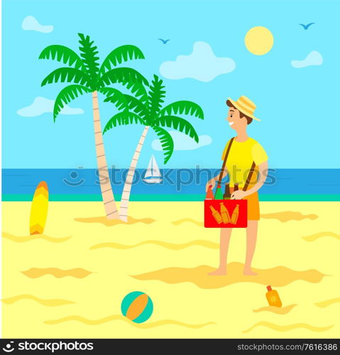 Person selling soda beverage on beach, summertime vacation and relaxation. Palm tree foliage, surfing board and sun lotion, ball for games, sailboat. Summer business on beach. Tourism Summer Vacation Beach and Seller with Soda