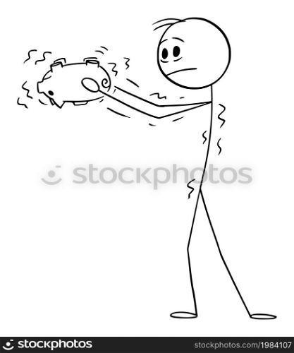 Person shaking empty piggy bank, no money or savings, vector cartoon stick figure or character illustration.. Person Shaking Empty Piggy Bank, No Money, Vector Cartoon Stick Figure Illustration