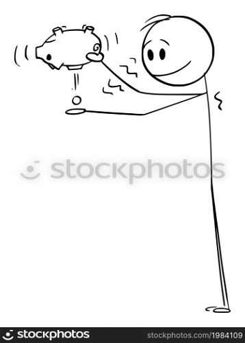 Person shaking piggy bank, concept of banking and savings, vector cartoon stick figure or character illustration.. Person Shaking Piggy Bank, Concept of Savings and Banking, Vector Cartoon Stick Figure Illustration