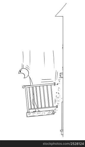 Person shocked and screaming while standing on falling balcony, vector cartoon stick figure or character illustration.. Shocked Person Standing on Falling Balcony , Vector Cartoon Stick Figure Illustration
