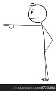 Person showing unhappy emotion pointing at something, vector cartoon stick figure or character illustration.. Unhappy Person Pointing at Something, Vector Cartoon Stick Figure Illustration