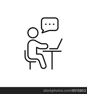 Person Sit and Use Computer Line Icon. Online Training Video Conference Chat on Laptop Linear Pictogram. Virtual Webinar Meeting Discussion Outline Icon. Editable Stroke. Isolated Vector Illustration.. Person Sit and Use Computer Line Icon. Online Training Video Conference Chat on Laptop Linear Pictogram. Virtual Webinar Meeting Discussion Outline Icon. Editable Stroke. Isolated Vector Illustration