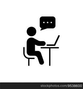 Person Sit and Use Computer Silhouette Icon. Online Training Video Conference Chat on Laptop Pictogram. Virtual Webinar Meeting Discussion Black Icon. Isolated Vector Illustration.. Person Sit and Use Computer Silhouette Icon. Online Training Video Conference Chat on Laptop Pictogram. Virtual Webinar Meeting Discussion Black Icon. Isolated Vector Illustration