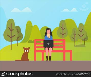 Person sitting on bench in park vector, freelancer using computer typing info on laptop. Lady with gadget, pet dog by owner, green forest and fair weather. Woman Freelancer Working in Park, Distant Worker