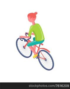 Person sitting on bicycle, woman in sportswear driving eco transport, cyclist healthy activity outdoor, leisure biking, active lifestyle of human vector. Cyclist on Bicycle, Sporty Woman Lifestyle Vector