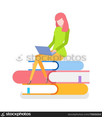 Person sitting on books vector, books and publication learning woman new info. Freelancer using laptop, employee on workplace flat style technology. Woman Sitting Books Working on Laptop Typing Info