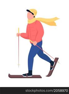 Person skiing semi flat color vector character. Dynamic figure. Full body person on white. Active winter training isolated modern cartoon style illustration for graphic design and animation. Person skiing semi flat color vector character