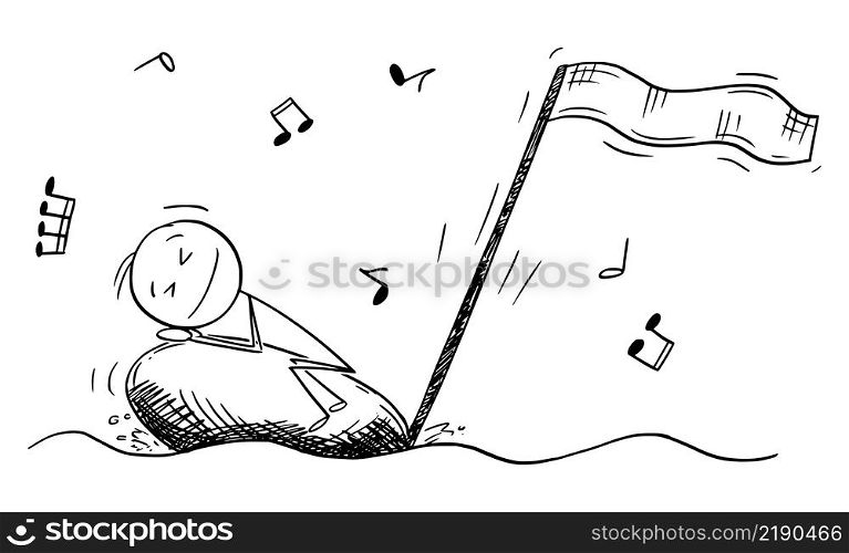 Person sleeping on musical note floating as boat on peaceful waves, vector cartoon stick figure or character illustration.. Person Sleeping on Musical Note Floating on Waves, Vector Cartoon Stick Figure Illustration
