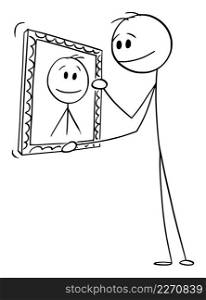 Person smiling and looking on is own artistic portrait painting showing self-love and narcissism, vector cartoon stick figure or character illustration.. Self-loving Person Holding His Own Portrait Painting, Vector Cartoon Stick Figure Illustration