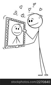 Person smiling and looking on is own artistic portrait painting showing self-love and narcissism, vector cartoon stick figure or character illustration.. Self-loving Person Holding His Own Portrait Painting, Vector Cartoon Stick Figure Illustration