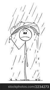 Person standing frustrated in heavy rain and hiding under leaf, vector cartoon stick figure or character illustration.. Person in Rain Hiding Under Leaf, Vector Cartoon Stick Figure Illustration