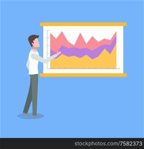 Person standing near poster with chart, man showing presentation with colorful graph. Human in suit, researching and analysis, flat flowchart vector. Person Standing near Poster with Chart Vector