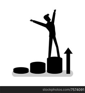 Person standing on circle step with hands up, rising up arrow. Black silhouette of climbing human, portrait view, growth and progress, shadow vector. Person Standing on Circle Step, Silhouette Vector