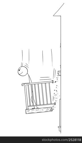 Person standing on falling balcony and enjoying the view, vector cartoon stick figure or character illustration.. Person Enjoying View While Standing on Falling Balcony , Vector Cartoon Stick Figure Illustration