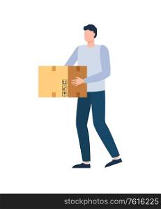 Person standing with box, courier holding cardboard package, portrait view of worker with carton container, worldwide delivery of parcel, goods vector. Delivery of Parcel, Courier Holding Box Vector