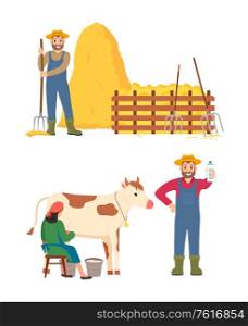 Person standing with hayfork vector, isolated man and woman milkmaid with cow, male showing bottle with milk organic beverage, hay dried grass bale. Farmers at Farm Milkmaid and Farming Man with Tool
