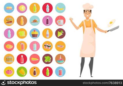 Person standing with pan and frying pan vector, hobby person with ingredients. Sushi and juice, broccoli and salmon, pepper and sauce, chicken meal. Masterchef with food icons. Smile chef. Flat style. Cooking Man Frying Eggs, Food Ingredients Hobby