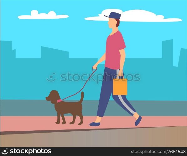 Person strolling with pet from shop vector, character with dog on leash walking in city. Cityscape with skyscrapers, sky with clouds, human and canine mammal illustration in flat style design for web. Man Walking Pet in City, Character with Pet Leash