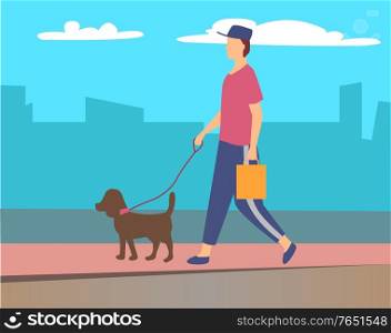 Person strolling with pet from shop vector, character with dog on leash walking in city. Cityscape with skyscrapers, sky with clouds, human and canine mammal illustration in flat style design for web. Man Walking Pet in City, Character with Pet Leash