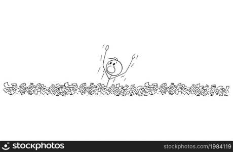Person swimming and drowning in ocean of money or currency bills, vector cartoon stick figure or character illustration.. Person Drowning in Ocean of Money , Vector Cartoon Stick Figure Illustration