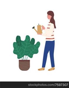 Person taking care for plant vector, lady with watering can and plant growing in pot. Female isolated, working person by botanical decor, foliage. Woman Watering Flowers from Can Plant in Flowerpot
