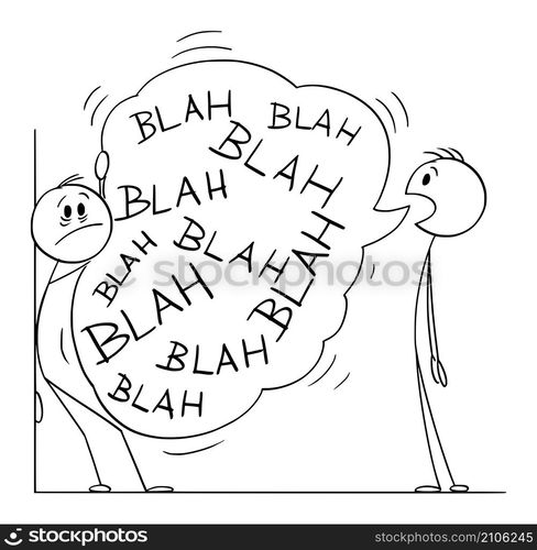 Person talking too much, annoying other man, empty speech bubble, vector cartoon stick figure or character illustration.. Talkative Person Talking Too Much, Vector Cartoon Stick Figure Illustration