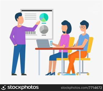 Person teaching people vector, boss on meeting with employees listening to leader isolated flat style. Corporate conference with male, board with info. Boss Showing Infographics on Board Presentation