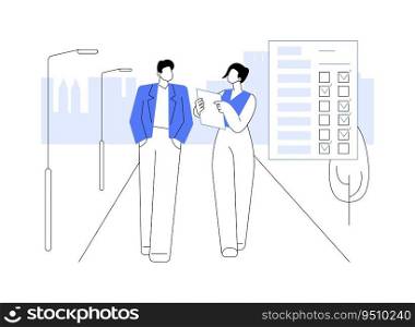 Person-to-person interview abstract concept vector illustration. Opinion poll worker interviewing inhabitants, social science, sociological survey, conversation with people abstract metaphor.. Person-to-person interview abstract concept vector illustration.
