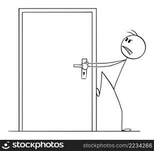 Person trying to open blocked or locked door without key, vector cartoon stick figure or character illustration.. Person Trying to Open Locked or Blocked Door , Vector Cartoon Stick Figure Illustration