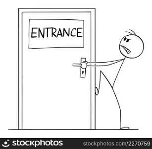Person trying to open blocked or locked entrance door without key, wanted to leave, vector cartoon stick figure or character illustration.. Person Trying to Open Locked or Blocked Entrance Door , Vector Cartoon Stick Figure Illustration