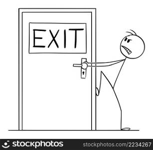 Person trying to open blocked or locked exit door without key, wanted to leave, vector cartoon stick figure or character illustration.. Person Trying to Open Locked or Blocked Exit Door , Vector Cartoon Stick Figure Illustration