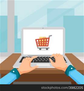 Person typing a product name to buy online. Vector Illustration . Person typing a product name to buy online