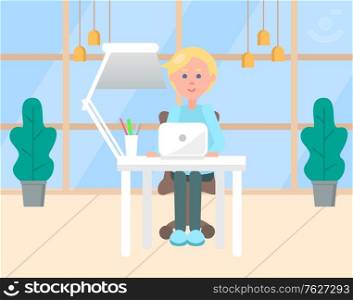 Person typing on laptop vector, flat style character working in office. Workplace of blond, box with pencil and supplies, lamp and decoration plants. Modern office with big windows. Blond Man Working on Computer in Office Workplace