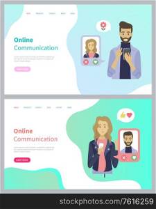 Person using dating app, man and woman holding phone and choosing profiles of people, couple communication in smartphone, person chatting vector, girl and boy in love messeger go to date. Website. People Using Phone, Dating App, Chatting Vector