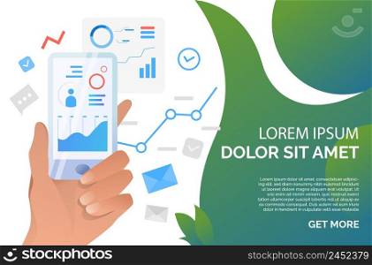 Person using financial analysis application on smartphone. Chart, data, analytics, technology concept. Presentation slide template. Vector illustration for topics like business, finance, analysis