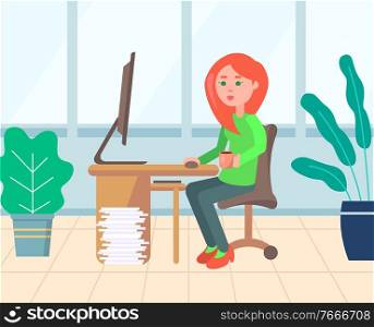 Person using laptop vector, woman with red hair looking at screen of computer. Interior of workplace with houseplants and leaves, modern technology. Woman Working from Home, Office Worker Vector