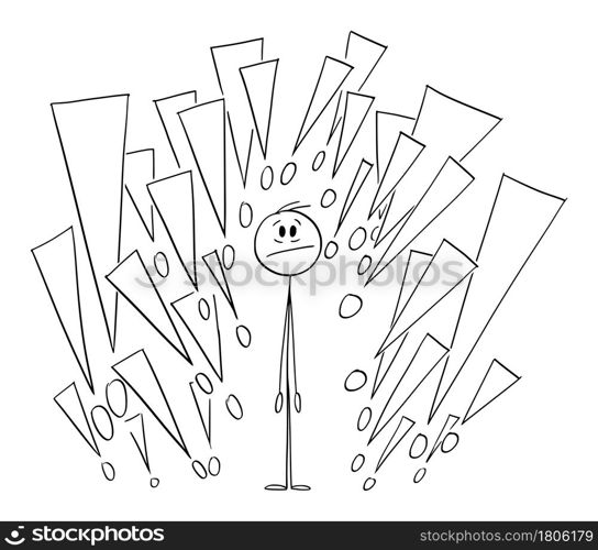 Person , vector cartoon stick figure or character illustration.. Person Surrounded by Exclamation Marks or Symbols , Vector Cartoon Stick Figure Illustration