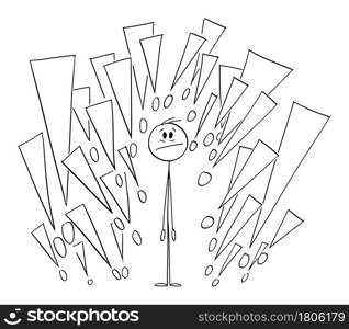 Person , vector cartoon stick figure or character illustration.. Person Surrounded by Exclamation Marks or Symbols , Vector Cartoon Stick Figure Illustration