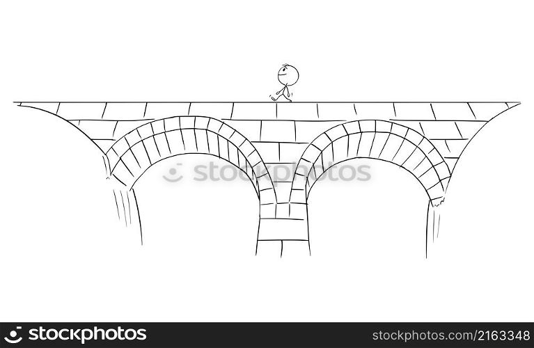 Person walking across the old stony bridge, vector cartoon stick figure or character illustration.. Person Walking Across the Bridge, Vector Cartoon Stick Figure Illustration