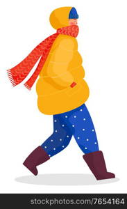 Person walking alone, winter cold weather. Woman dressed in warm apparel like overcoat. Yellow outerwear, orange scarf and blue pants on girl. Vector illustration of seasonal clothes in flat style. Woman Walking Alone in Winter, Seasonal Clothes