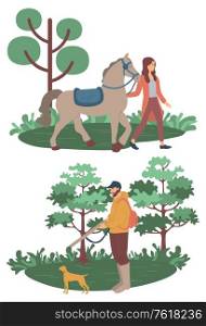 Person walking in forest vector, hobby of people man and woman in park. Nature and animals, horse and dog helping to hunt, outside interest pastime. Woman with Horse, Man with Dog Hunting Vector