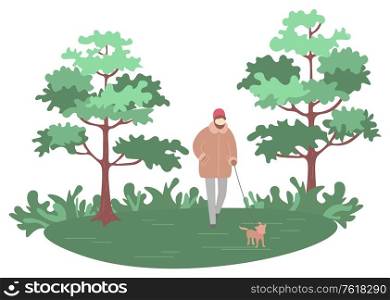 Person walking in park with dog vector, pet on leash with owner. Mammal with furry coat, tree and grass, man strolling in forest natural environment. Man Walking Dog in Park, Nature of Forest Vector
